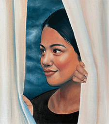 Painting of a black haired woman on a dark blue background, parting white curtains